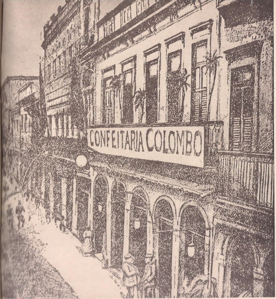 A gravura, reprodução de um desenho de Henrique Cavalleiro, do comêço do século, mostra o antigo prédio ns. 34/36 da rua Gonçalves Dias, constituído de loja e sobrado. 